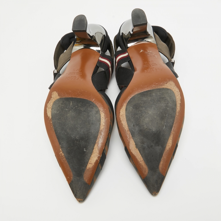 Pre Owned Fendi Brown/Black Zucca Mesh and Canvas Colibri Slingback Pumps Size 37.5
