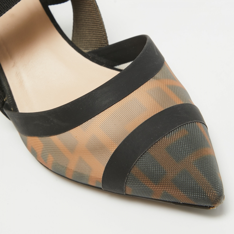 Pre Owned Fendi Brown/Black Zucca Mesh and Canvas Colibri Slingback Pumps Size 37.5