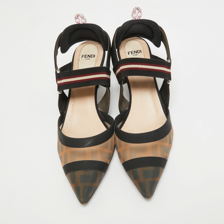Pre Owned Fendi Brown/Black Zucca Mesh and Canvas Colibri Slingback Pumps Size 37.5