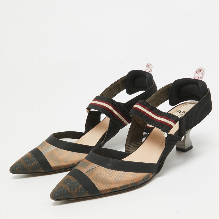 Pre Owned Fendi Brown/Black Zucca Mesh and Canvas Colibri Slingback Pumps Size 37.5