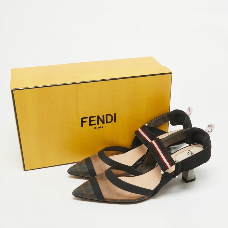 Pre Owned Fendi Brown/Black Zucca Mesh and Canvas Colibri Slingback Pumps Size 37.5