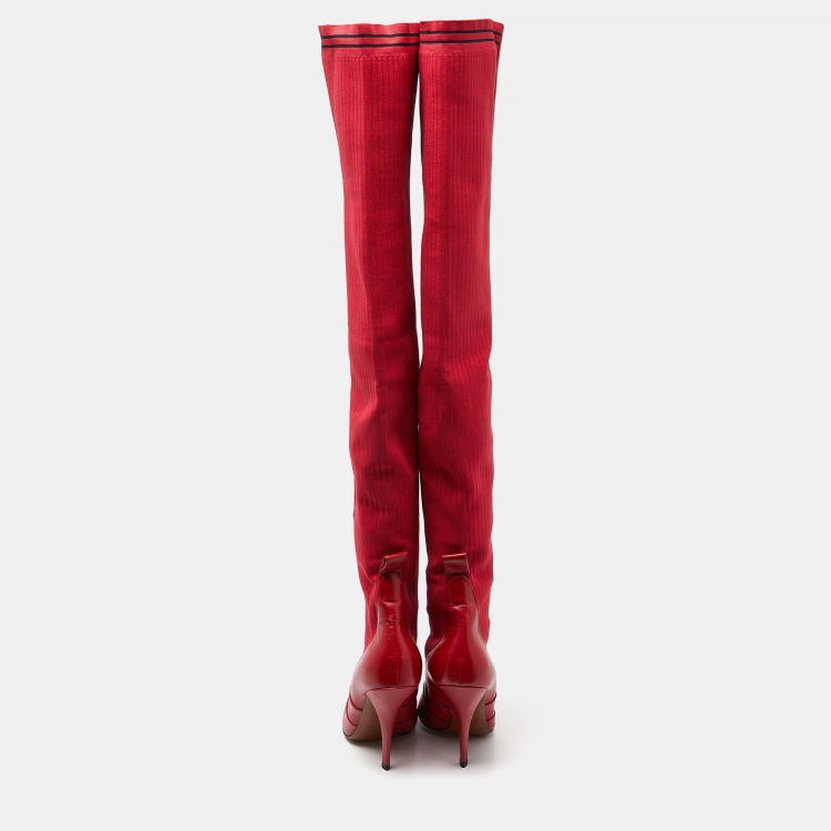 Pre Owned Fendi Red Leather and Fabric Rockoko Over The Knee Length Pointed Toe Boots Size 40