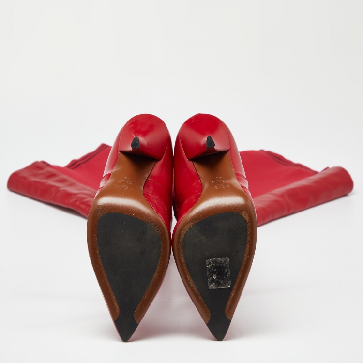 Pre Owned Fendi Red Leather and Fabric Rockoko Over The Knee Length Pointed Toe Boots Size 40