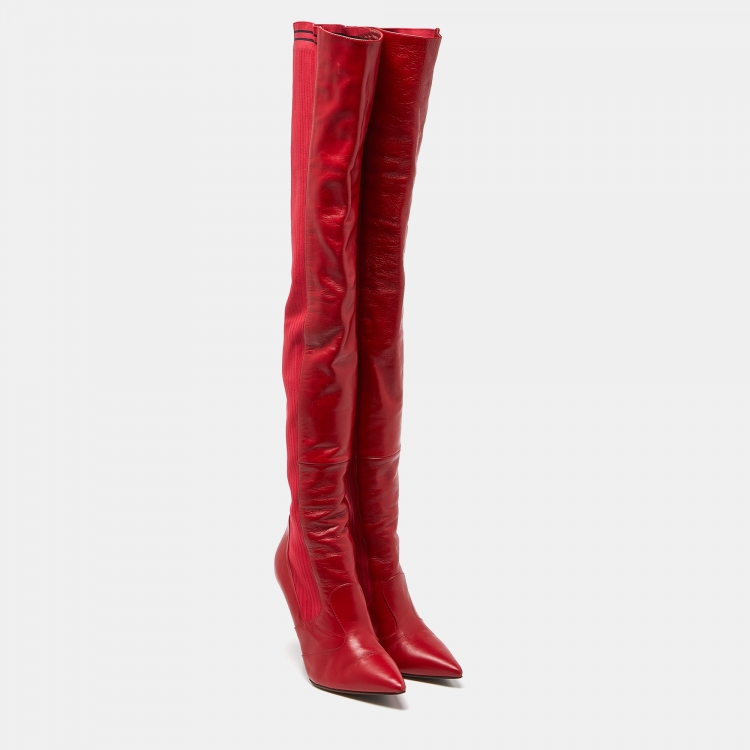 Pre Owned Fendi Red Leather and Fabric Rockoko Over The Knee Length Pointed Toe Boots Size 40