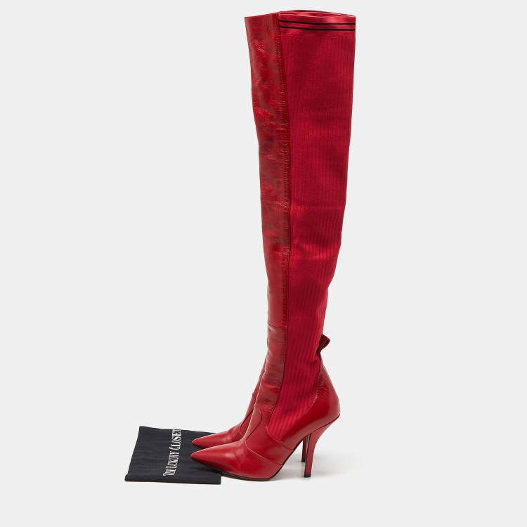 Pre Owned Fendi Red Leather and Fabric Rockoko Over The Knee Length Pointed Toe Boots Size 40