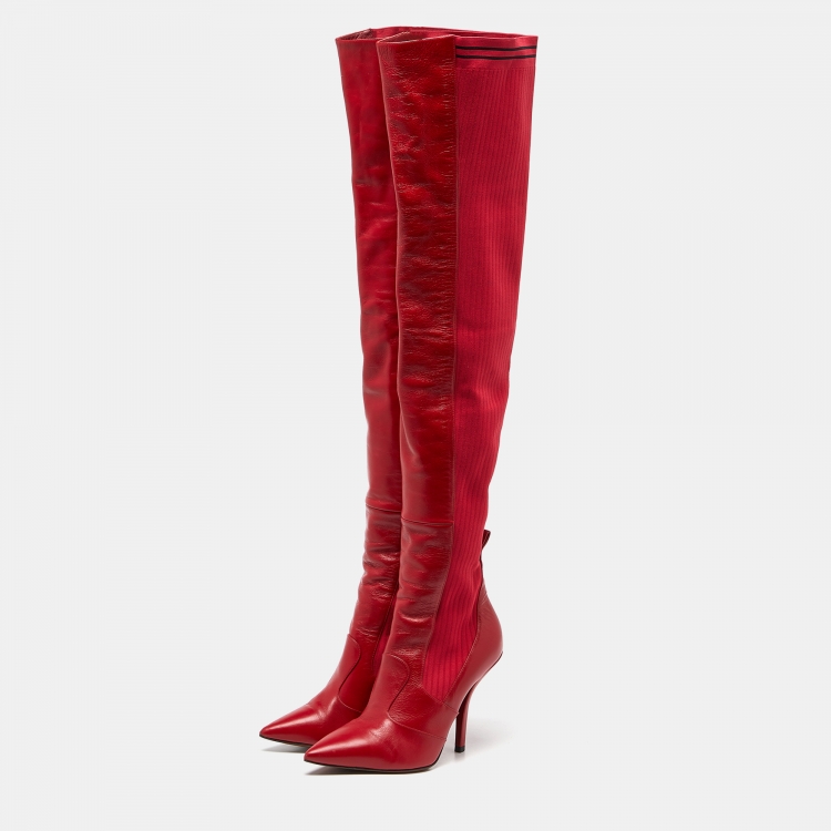 Pre Owned Fendi Red Leather and Fabric Rockoko Over The Knee Length Pointed Toe Boots Size 40