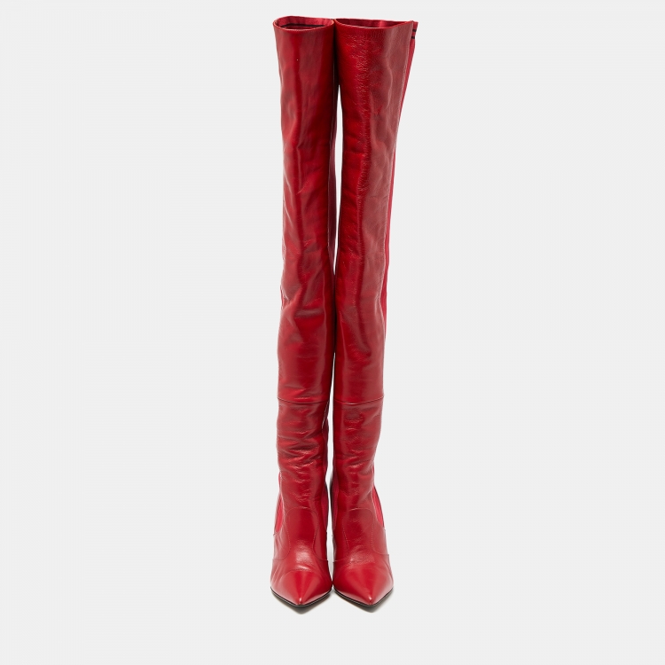 Pre Owned Fendi Red Leather and Fabric Rockoko Over The Knee Length Pointed Toe Boots Size 40