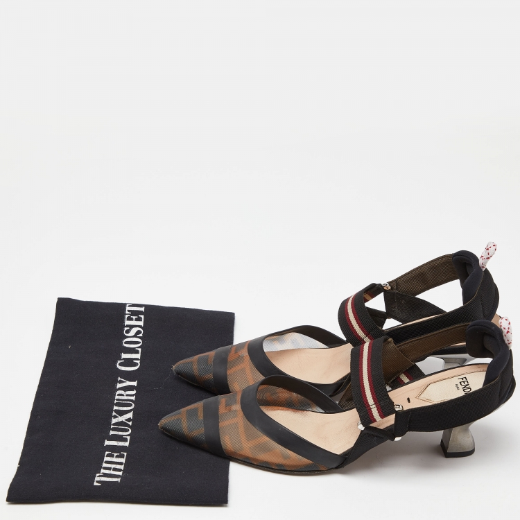 Pre Owned Fendi Brown/Black Zucca Mesh and Canvas Colibri Slingback Pumps Size 38
