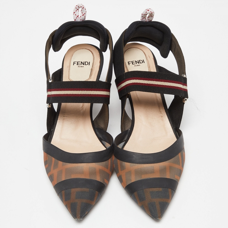 Pre Owned Fendi Brown/Black Zucca Mesh and Canvas Colibri Slingback Pumps Size 38
