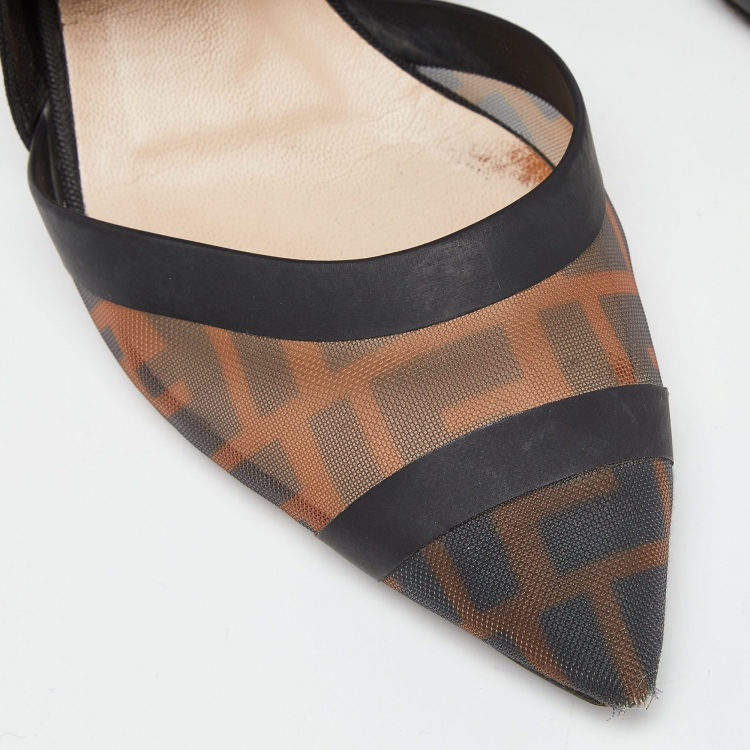 Pre Owned Fendi Brown/Black Zucca Mesh and Canvas Colibri Slingback Pumps Size 38
