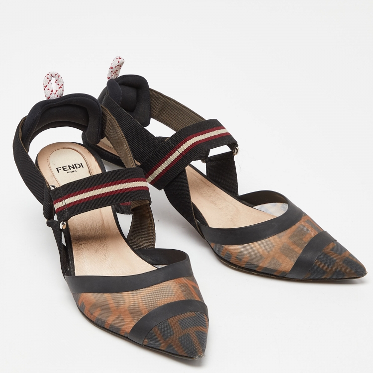 Pre Owned Fendi Brown/Black Zucca Mesh and Canvas Colibri Slingback Pumps Size 38