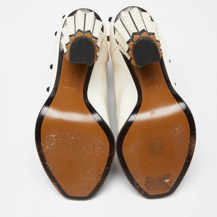 Pre Owned Fendi Multicolor Patent Leather and Embossed Lizard Studded Peep Toe Ankle Strap Booties Size 37.5