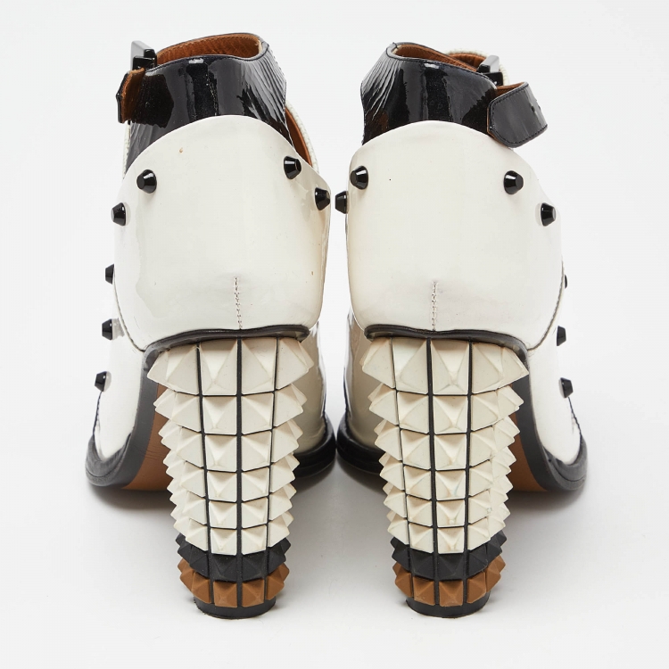 Pre Owned Fendi Multicolor Patent Leather and Embossed Lizard Studded Peep Toe Ankle Strap Booties Size 37.5