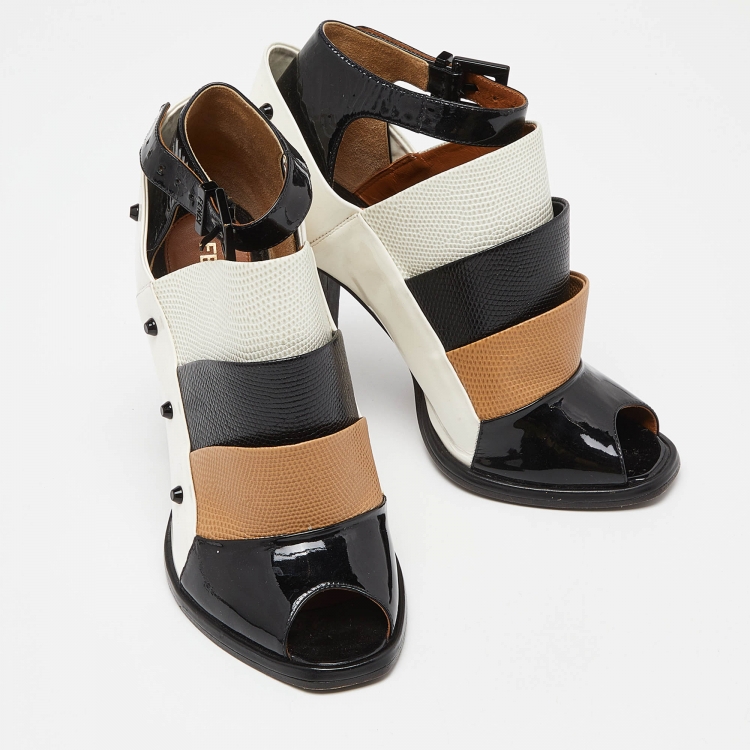 Pre Owned Fendi Multicolor Patent Leather and Embossed Lizard Studded Peep Toe Ankle Strap Booties Size 37.5
