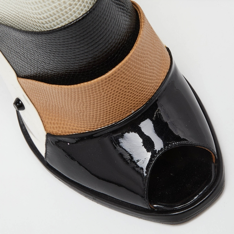 Pre Owned Fendi Multicolor Patent Leather and Embossed Lizard Studded Peep Toe Ankle Strap Booties Size 37.5