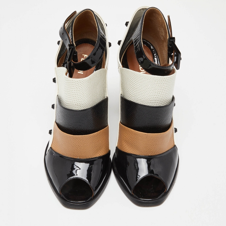 Pre Owned Fendi Multicolor Patent Leather and Embossed Lizard Studded Peep Toe Ankle Strap Booties Size 37.5