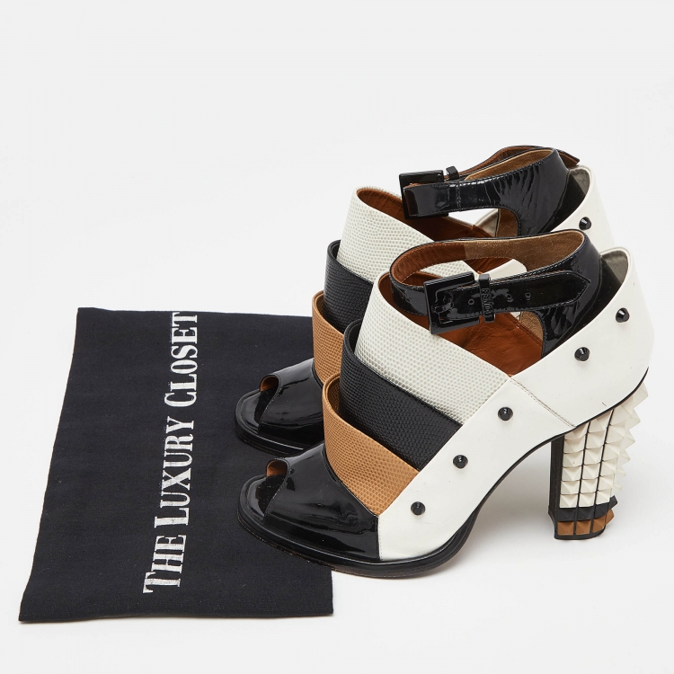 Pre Owned Fendi Multicolor Patent Leather and Embossed Lizard Studded Peep Toe Ankle Strap Booties Size 37.5