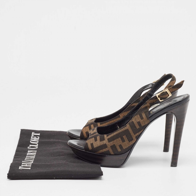 Pre Owned Fendi Brown Zucca Canvas Fendista Peep Toe Slingback Pumps Size 37