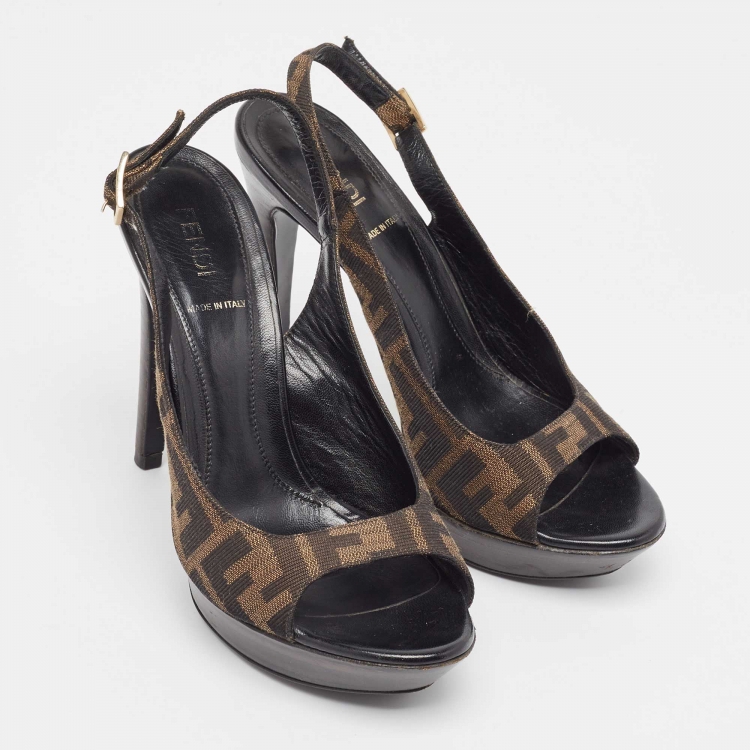 Pre Owned Fendi Brown Zucca Canvas Fendista Peep Toe Slingback Pumps Size 37