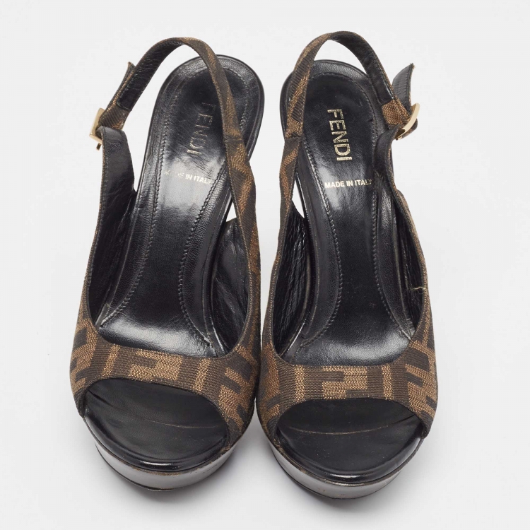 Pre Owned Fendi Brown Zucca Canvas Fendista Peep Toe Slingback Pumps Size 37