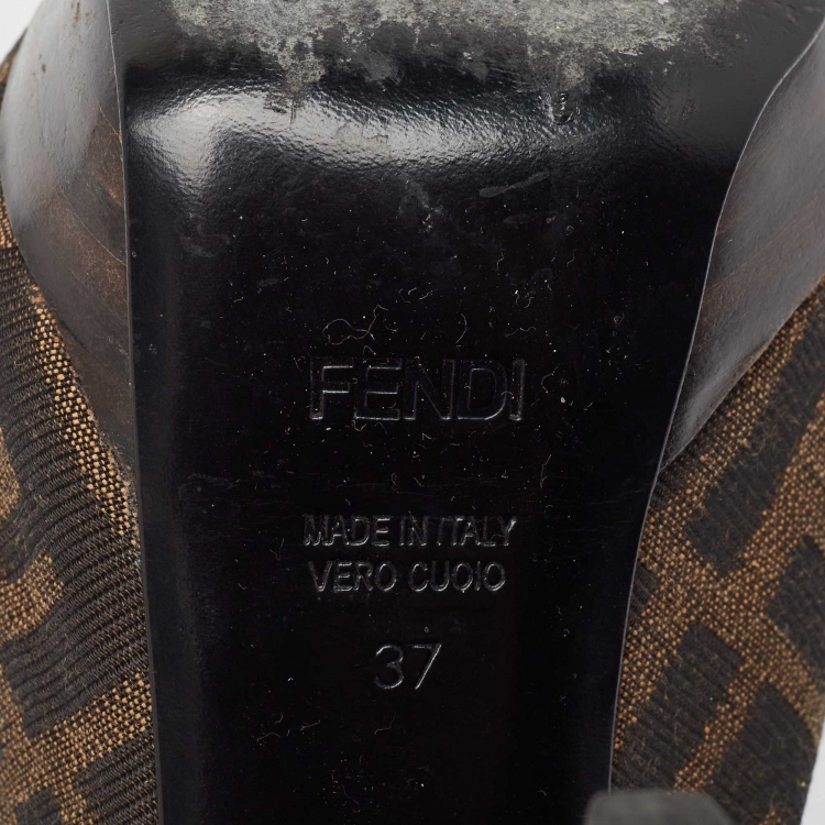 Pre Owned Fendi Brown Zucca Canvas Fendista Peep Toe Slingback Pumps Size 37