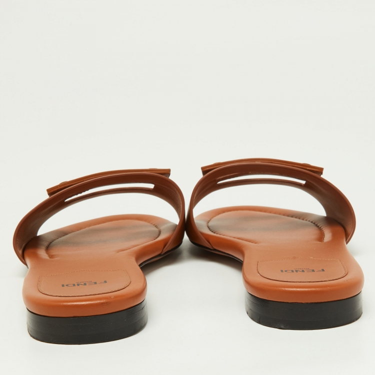 Pre Owned Fendi Brown Leather Flat Slides Size 40