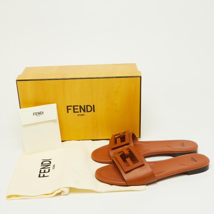 Pre Owned Fendi Brown Leather Flat Slides Size 40