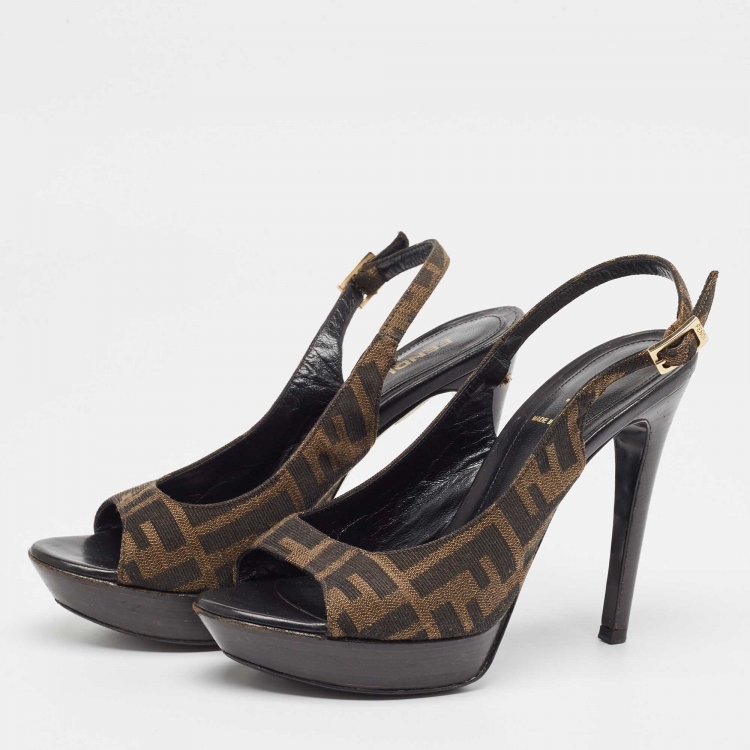 Pre Owned Fendi Brown Zucca Canvas Open Toe Platform Slingback Sandals Size 37.5