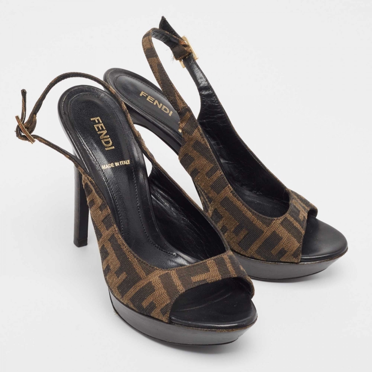 Pre Owned Fendi Brown Zucca Canvas Open Toe Platform Slingback Sandals Size 37.5