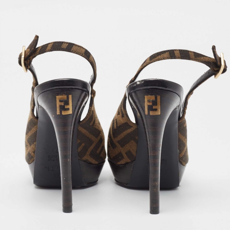 Pre Owned Fendi Brown Zucca Canvas Open Toe Platform Slingback Sandals Size 37.5