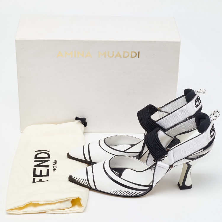 Pre Owned Fendi White/Black Leather and Canvas Colibri Ankle Strap Sandals Size 38