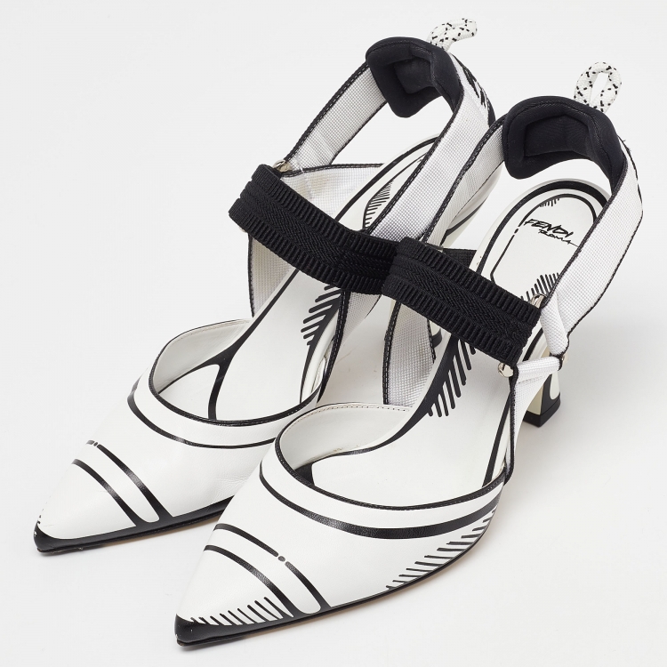 Pre Owned Fendi White/Black Leather and Canvas Colibri Ankle Strap Sandals Size 38