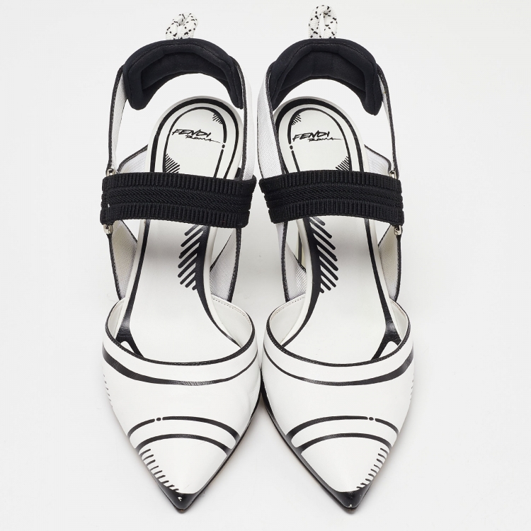 Pre Owned Fendi White/Black Leather and Canvas Colibri Ankle Strap Sandals Size 38