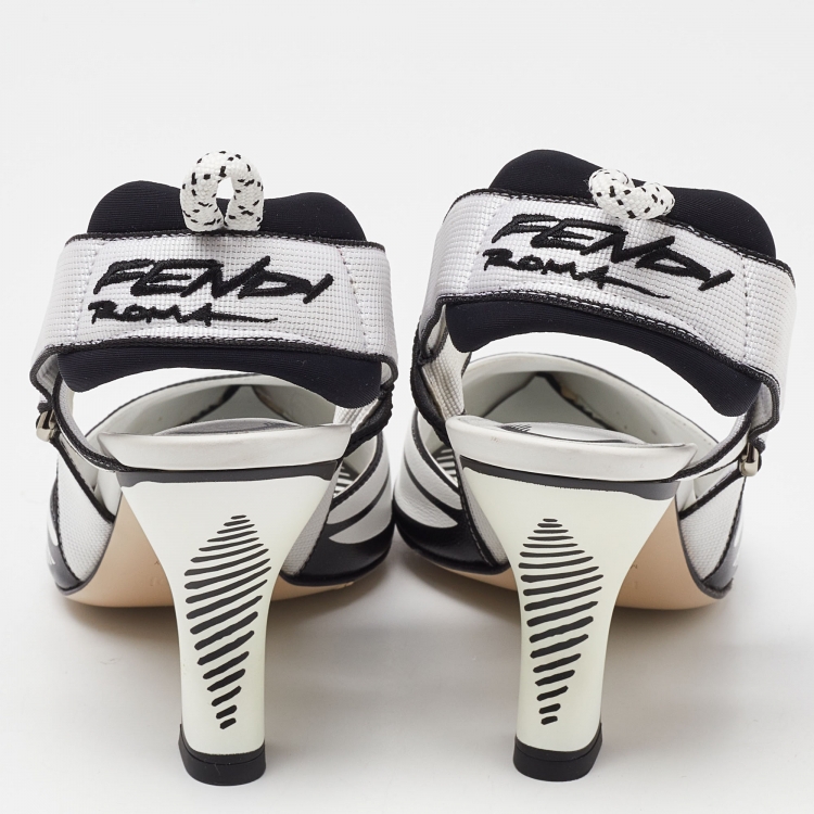 Pre Owned Fendi White/Black Leather and Canvas Colibri Ankle Strap Sandals Size 38