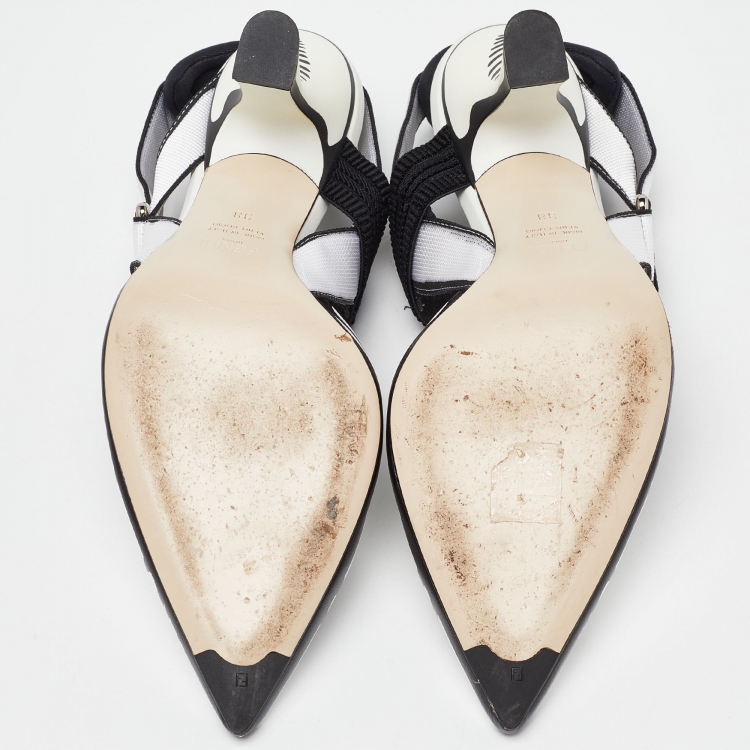 Pre Owned Fendi White/Black Leather and Canvas Colibri Ankle Strap Sandals Size 38