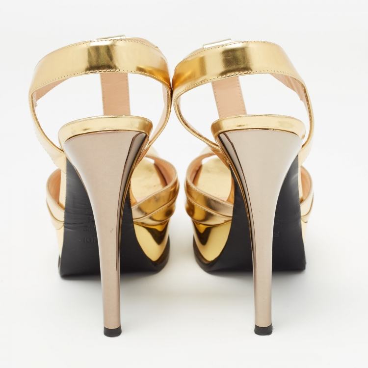 Pre Owned Fendi Gold Leather Platform T-Bar Ankle Strap Sandals Size 39.5
