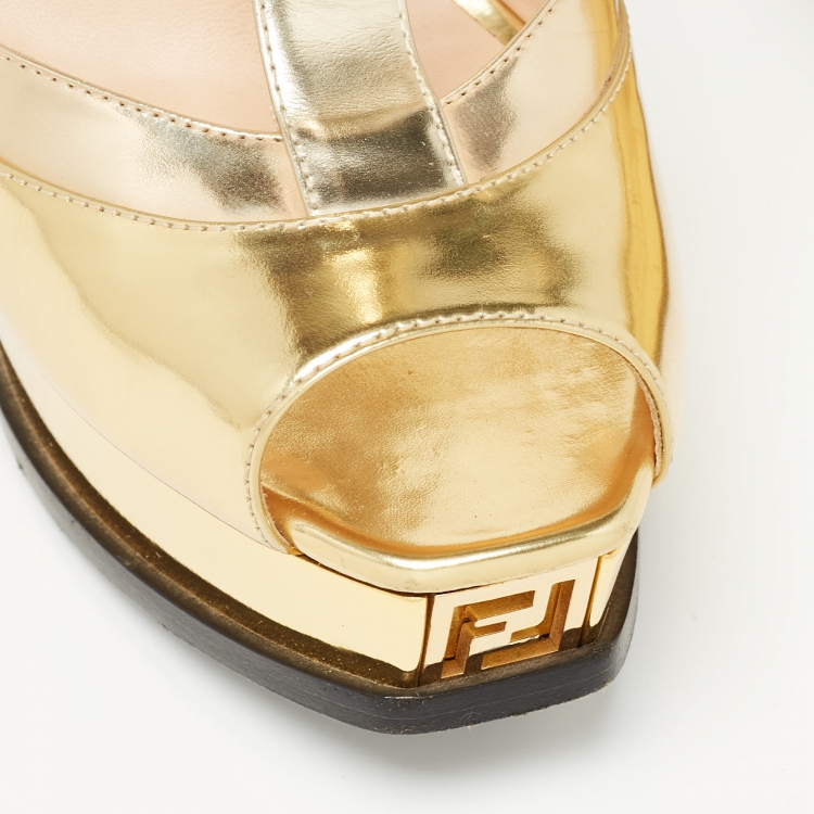 Pre Owned Fendi Gold Leather Platform T-Bar Ankle Strap Sandals Size 39.5