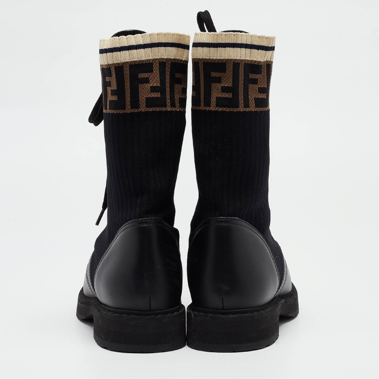 Pre Owned Fendi Black Leather and Zucca Stretch Fabric Rockoko Combat Boots Size 39
