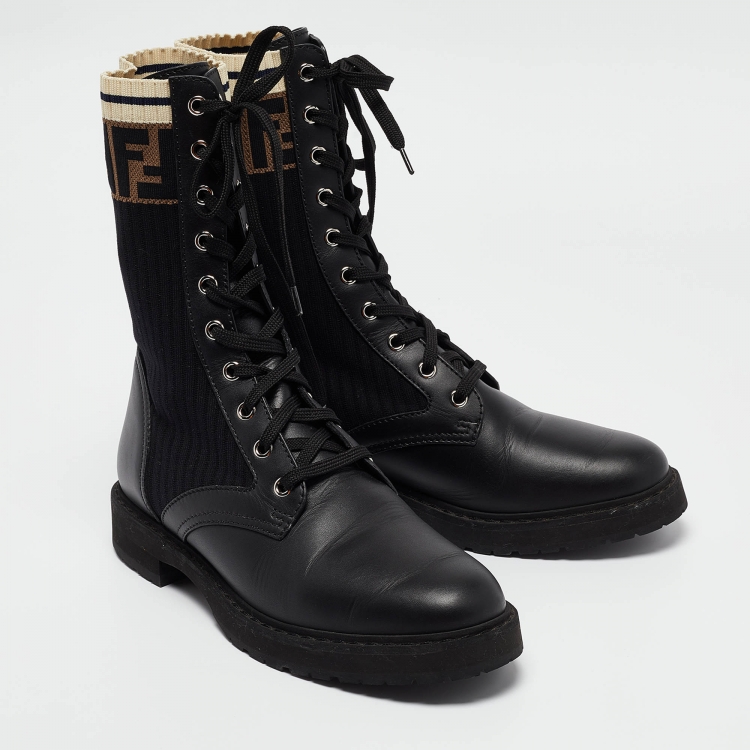 Pre Owned Fendi Black Leather and Zucca Stretch Fabric Rockoko Combat Boots Size 39