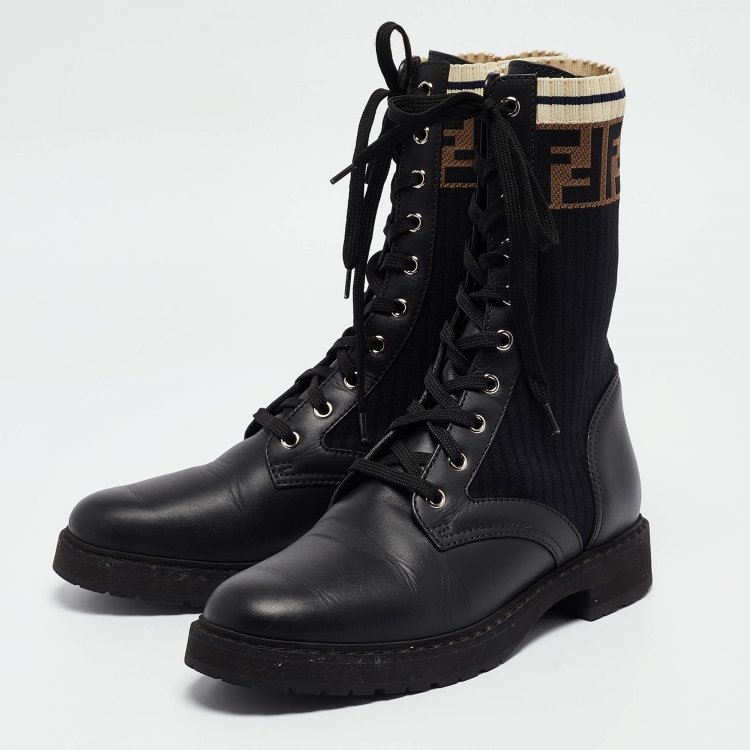 Pre Owned Fendi Black Leather and Zucca Stretch Fabric Rockoko Combat Boots Size 39