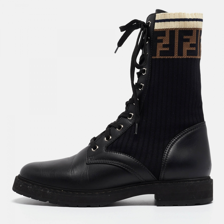 Pre Owned Fendi Black Leather and Zucca Stretch Fabric Rockoko Combat Boots Size 39