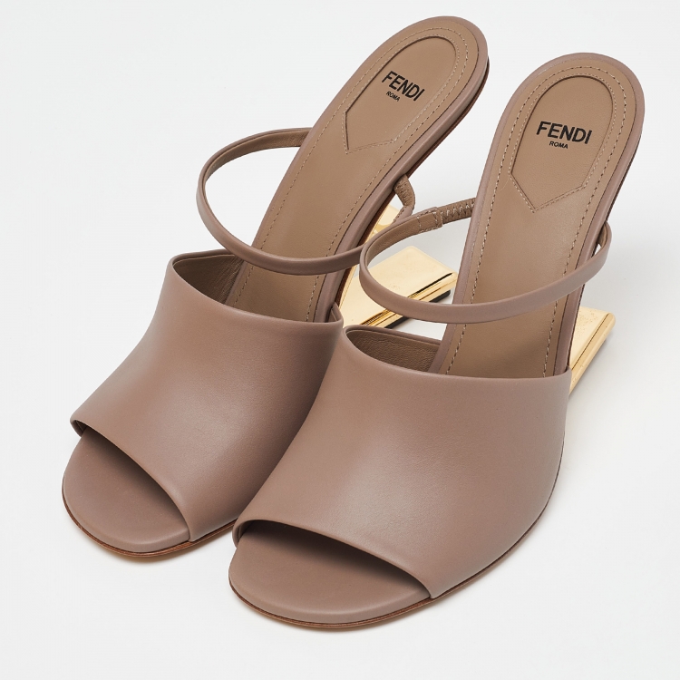 Pre Owned Fendi Dark Beige Leather First Heel Mules Size 41