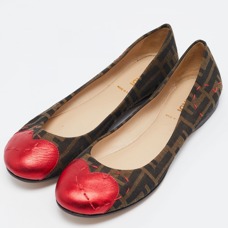 Fendi Brown/Red Zucca Canvas and Leather Heart Cap Toe