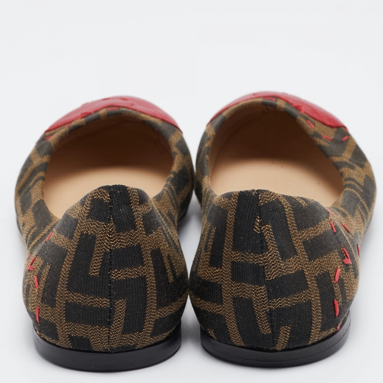 Pre Owned Fendi Brown/Red Zucca Canvas and Leather Heart Cap Toe Ballet Flats Size 38.5
