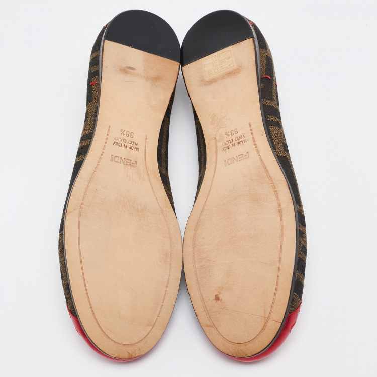Pre Owned Fendi Brown/Red Zucca Canvas and Leather Heart Cap Toe Ballet Flats Size 38.5