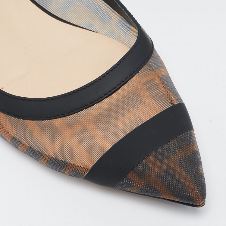 Pre Owned Fendi Brown/Black Zucca Mesh and Leather Colibri Ballet Flats Size 36.5