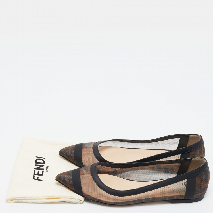 Pre Owned Fendi Brown/Black Zucca Mesh and Leather Colibri Ballet Flats Size 36.5