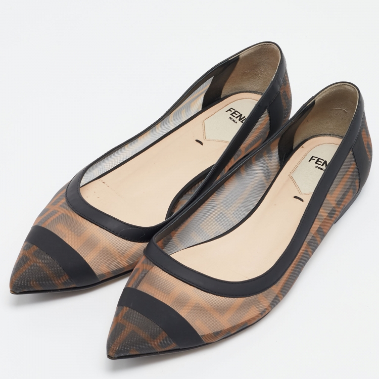 Pre Owned Fendi Brown/Black Zucca Mesh and Leather Colibri Ballet Flats Size 36.5