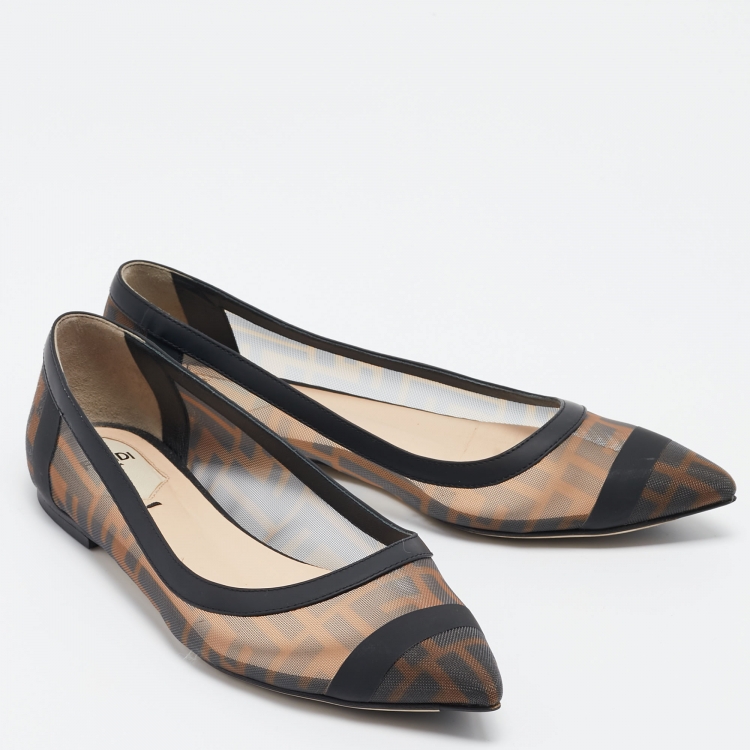 Pre Owned Fendi Brown/Black Zucca Mesh and Leather Colibri Ballet Flats Size 36.5