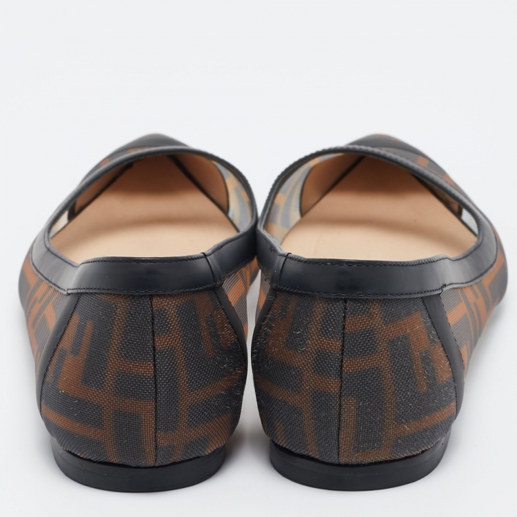 Pre Owned Fendi Brown/Black Zucca Mesh and Leather Colibri Ballet Flats Size 36.5